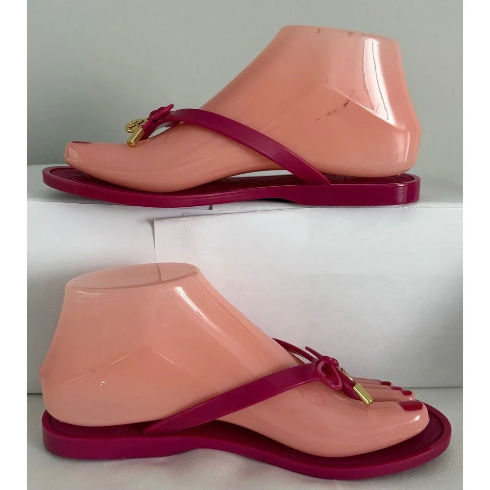 Tory Burch Womens Jelly Sandal Size 6 Hot Pink Thong Flip Flop Bow Charm Casual